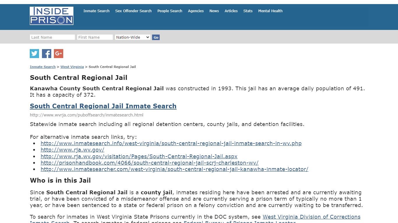 South Central Regional Jail - West Virginia - Inmate Search